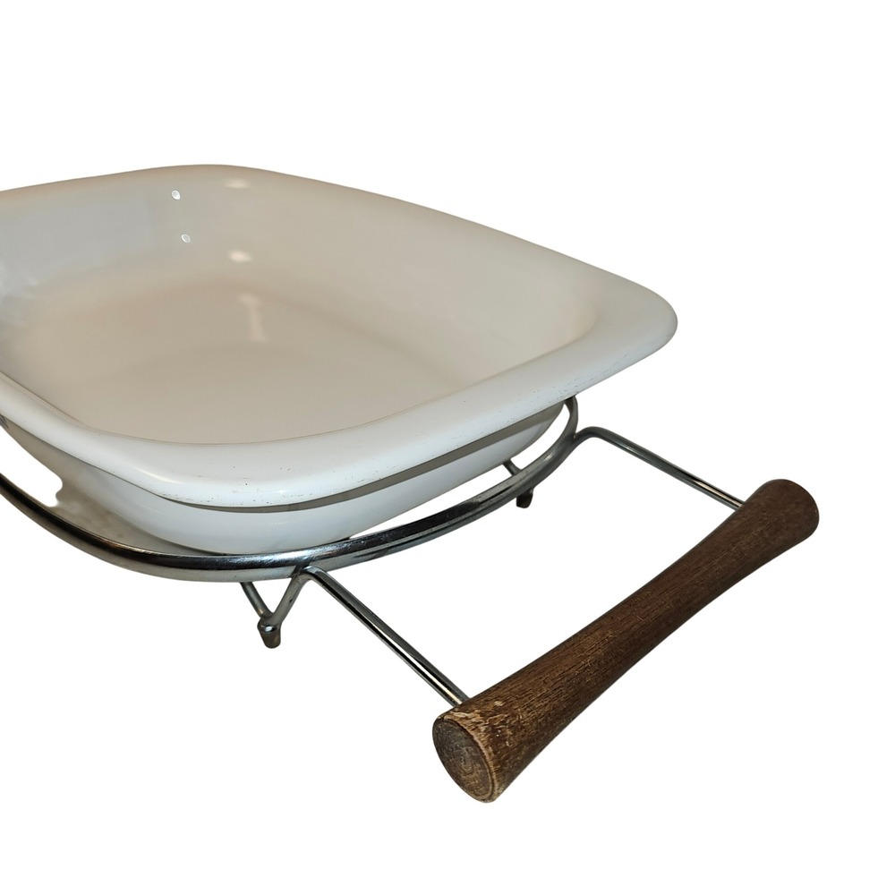 Vintage Corning Ware P-21 Blue Cornflower Roaster MCM Chrome Wood Handle Cradle - Picture 5 of 11
